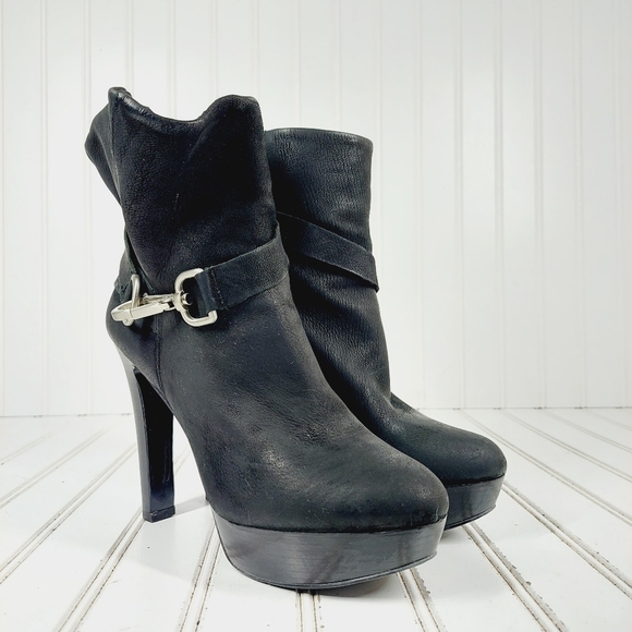 Nine West Midi Black Nubuck Leather Slouchy Pull On Platform Booties K277 - Picture 4 of 13